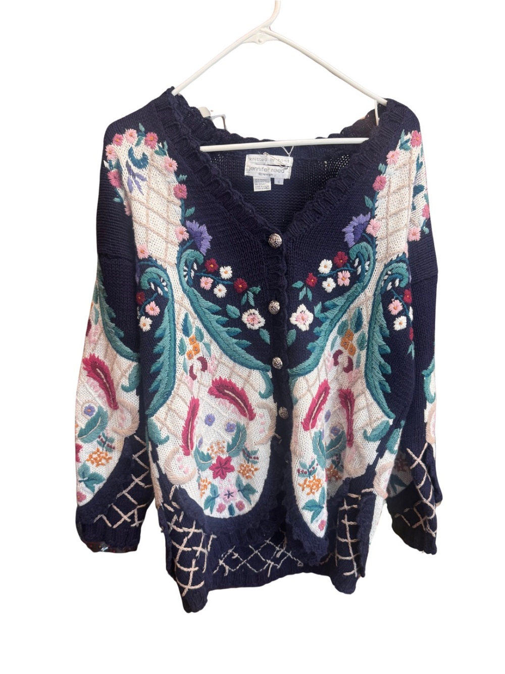 Vintage knitted by hand Navy Floral Embroidered Cardigan Sweater